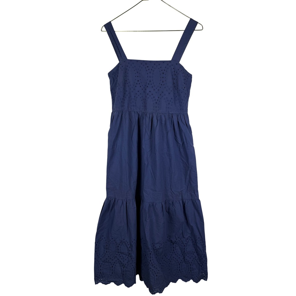 Uniqlo Cottagecore Eyelet Women Tiered Midi Dress Blue Cotton